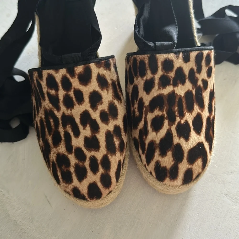 Tory Burch Elisa Leopard Print Espadrille Wedge Shoe Size 10.5 Calf Hair Lace Up - Picture 5 of 16